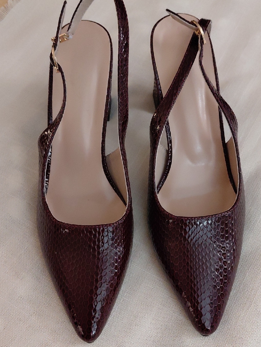 Pointed Toe Slingback Pumps in Deep Burgundy Faux-Snakeskin